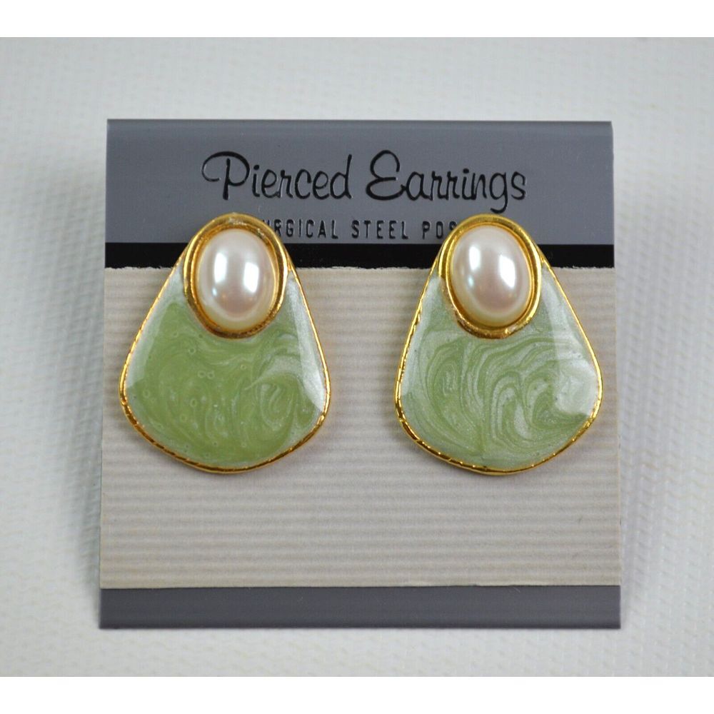 Vintage Pierced Earrings Enamel Coated Metal Green Swirly w/ Faux Pearl 1"